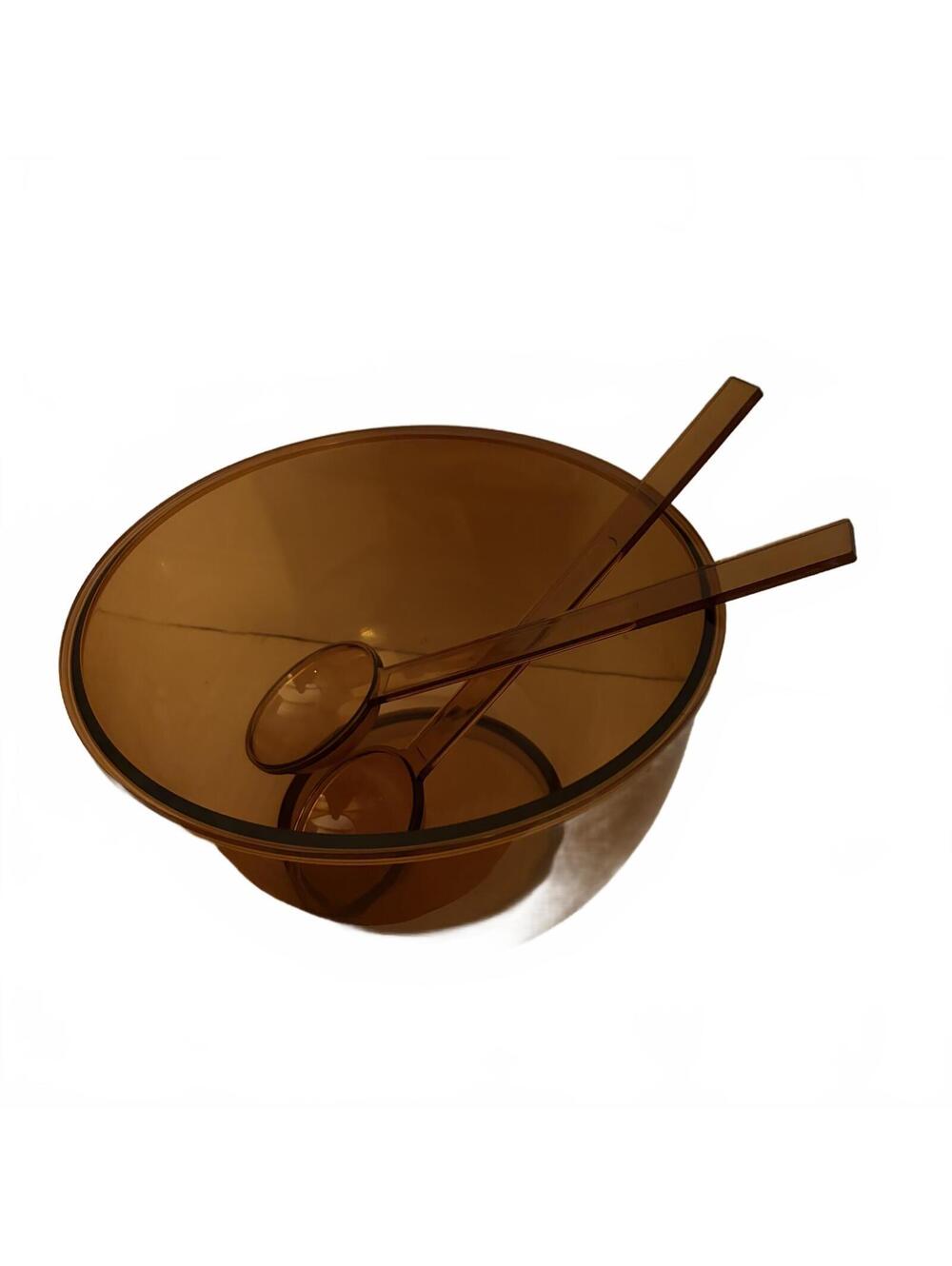 Vintage Dansk Designs amber acrylic salad bowl with serving utensils. - Picture 1 of 16